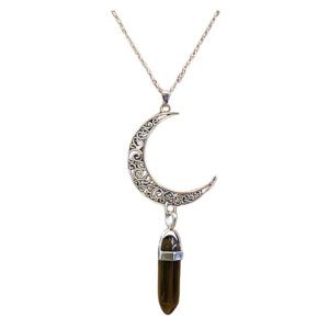 Smokey Quartz Point attached to Silver Crescent Moon with a silver chain