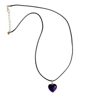 This is a deep purple Amethyst Crystal Heart on a black leather rope chain