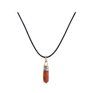 Carnelian Crystal Point with Silver Clasp on a black leather rope necklace.