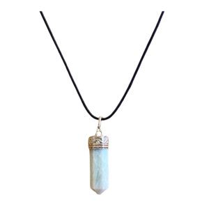 Amazonite Crystal Point with Silver Clasp at top of Crystal and black leather rope chain.