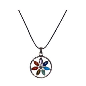 Chakra Crystal Flower Necklace with a black leather chain.
