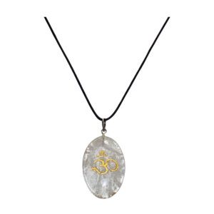 Oval Clear Quartz Crystal with positive Omni Sign and black leather rope necklace