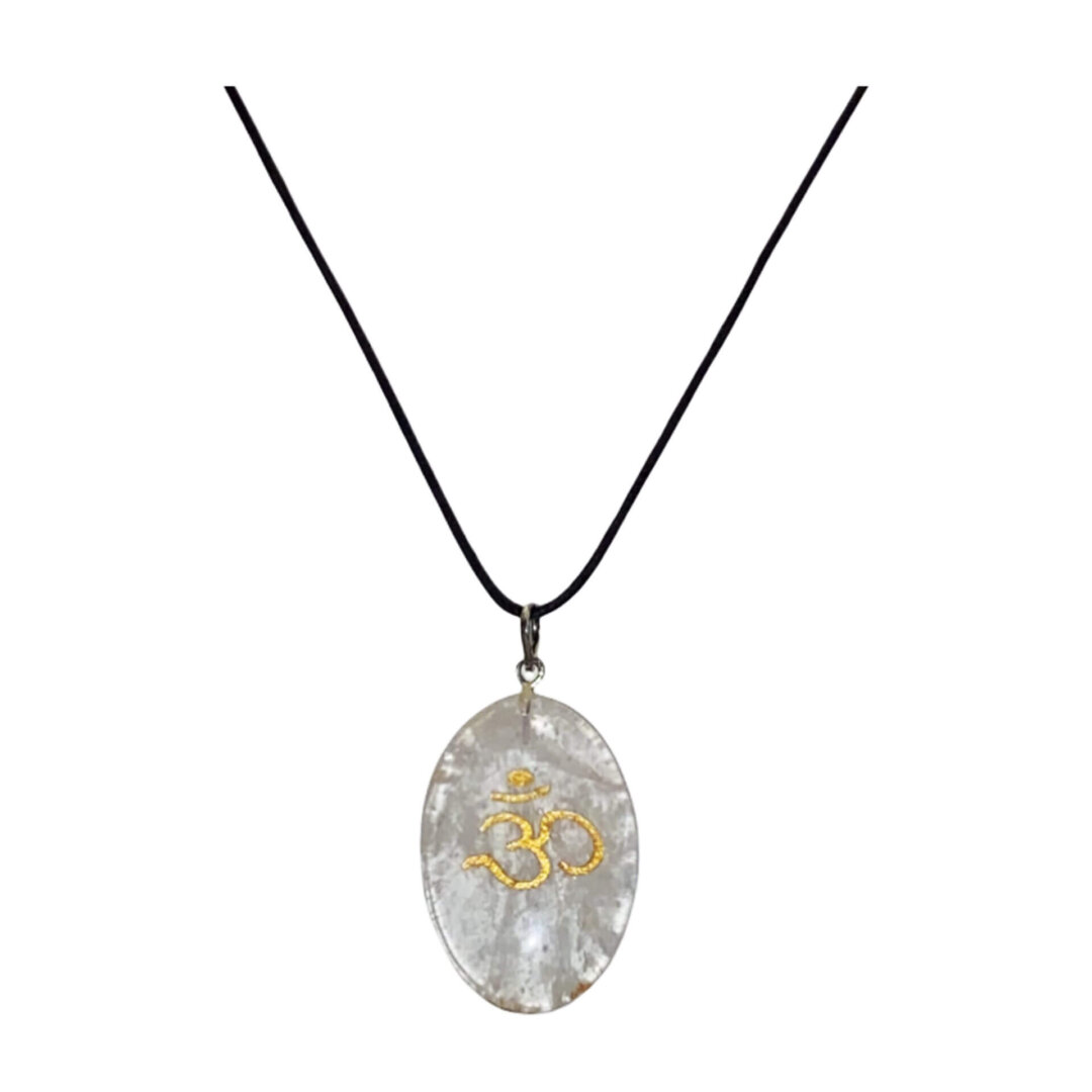 Oval Clear Quartz Crystal with positive Omni Sign and black leather rope necklace