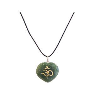 Green Aventurine Crystal Heart with Omni Positive sign on a black leather rope necklace.