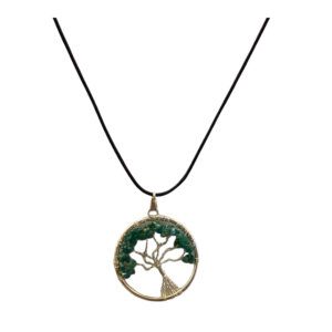 Green Aventurine Crystal Chip Family Tree Necklace on a black leather rope chain.
