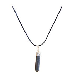 Pyrite Crystal Point with Silver Clasp at the top of the point with a black leather rope chain.