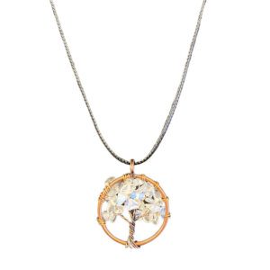 Opalite Crystal Chips inlaid in a copper tree of life with a black leather rope necklace.