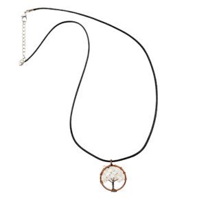 Opalite Crystal Chips inlaid in a copper tree of life with a black leather rope necklace.