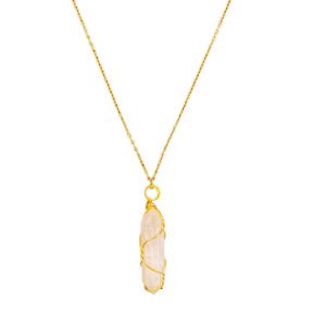 Rose Quartz Point wrapped in gold wire with a gold necklace