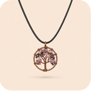 Rhodonite Copper Tree of Life  Crystal Necklace